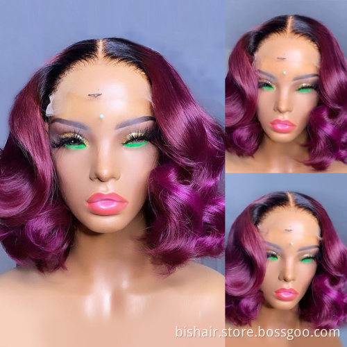 Wholesale Ombre Color Wavy Short Bob Brazilian Remy 4x4 Lace Front Wigs For Black Women T1B/30 Orange Blue Green Purple